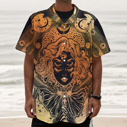 Wiccan Girl And Magical Moon Print Textured Short Sleeve Shirt