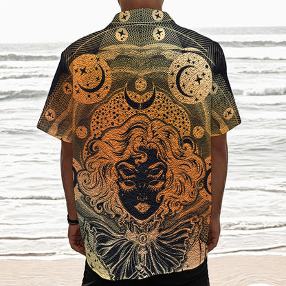 Wiccan Girl And Magical Moon Print Textured Short Sleeve Shirt