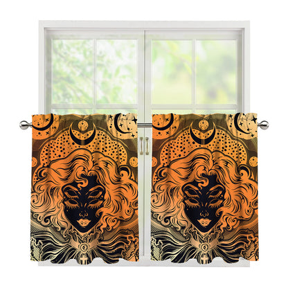 Wiccan Girl And Magical Moon Print Tier Curtains