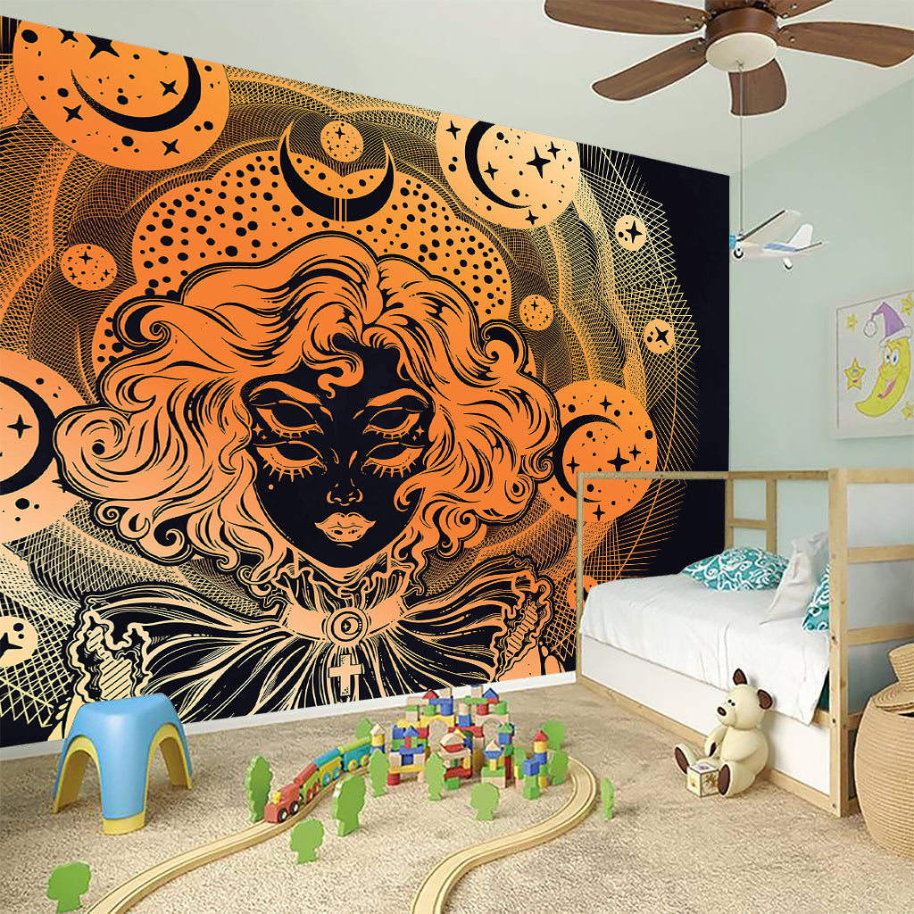 Wiccan Girl And Magical Moon Print Wall Sticker