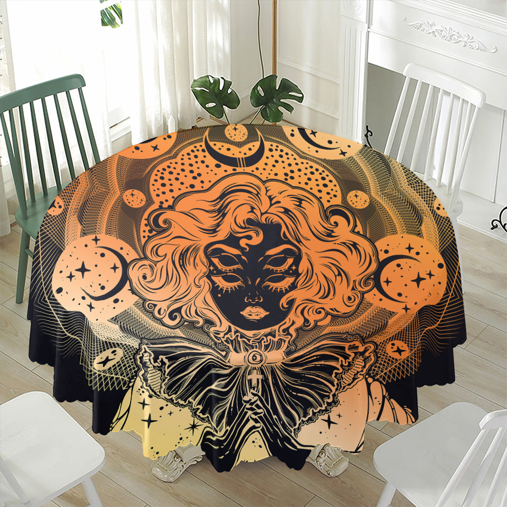 Wiccan Girl And Magical Moon Print Waterproof Round Tablecloth