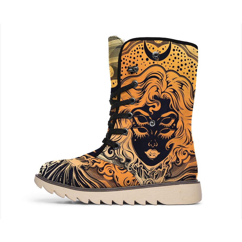 Wiccan Girl And Magical Moon Print Winter Boots