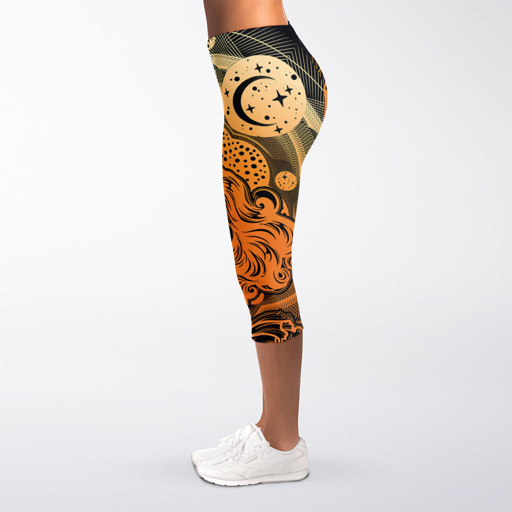 Wiccan Girl And Magical Moon Print Women's Capri Leggings