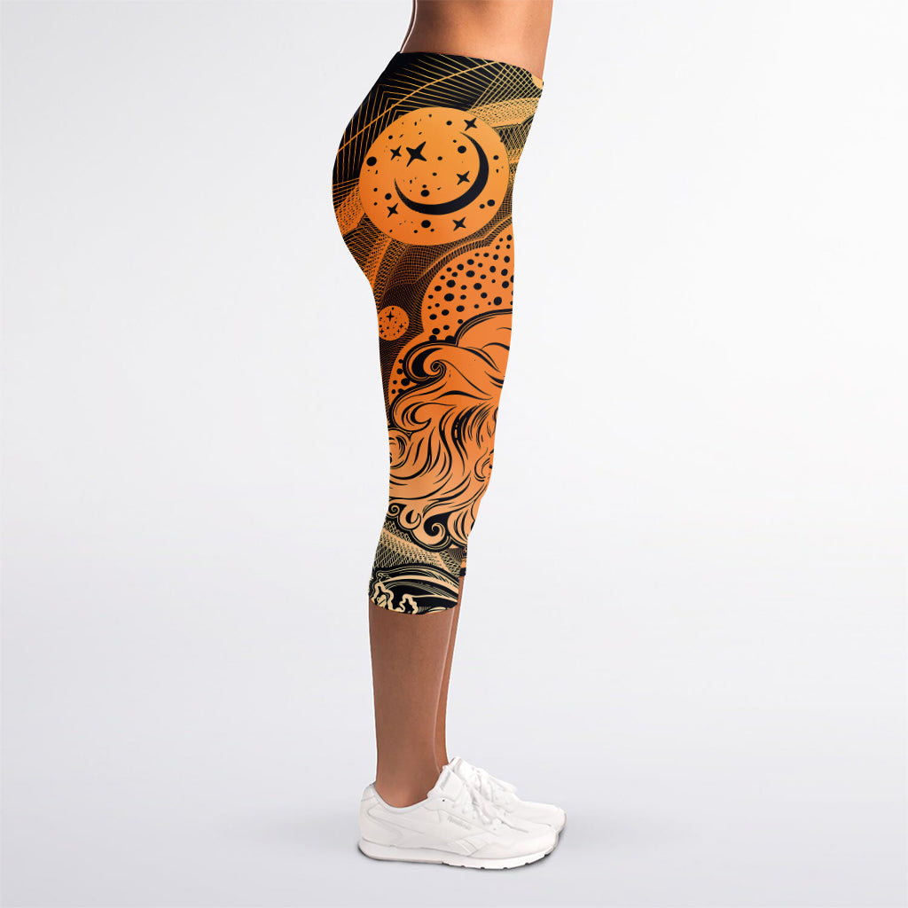 Wiccan Girl And Magical Moon Print Women's Capri Leggings