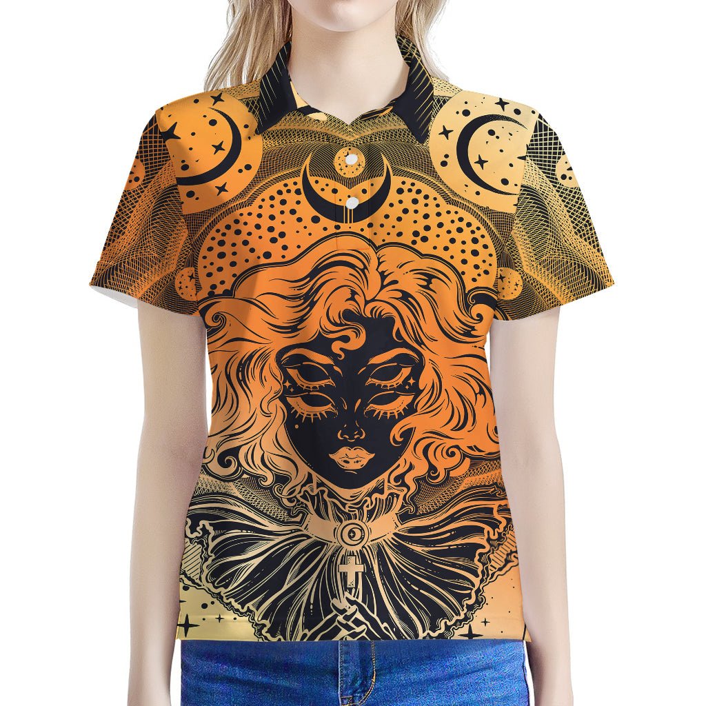 Wiccan Girl And Magical Moon Print Women's Polo Shirt