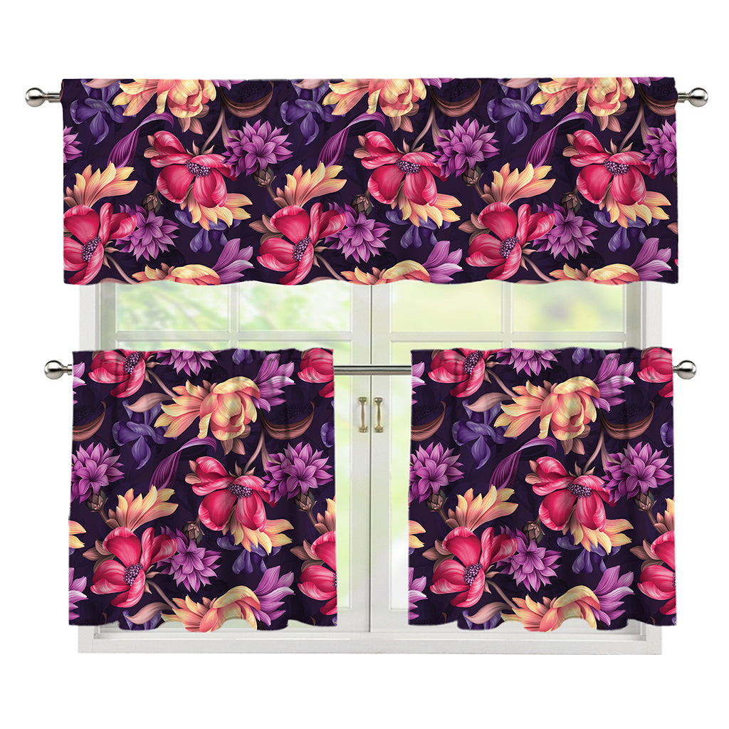 Wild Flower Print 3 Piece Kitchen Curtains