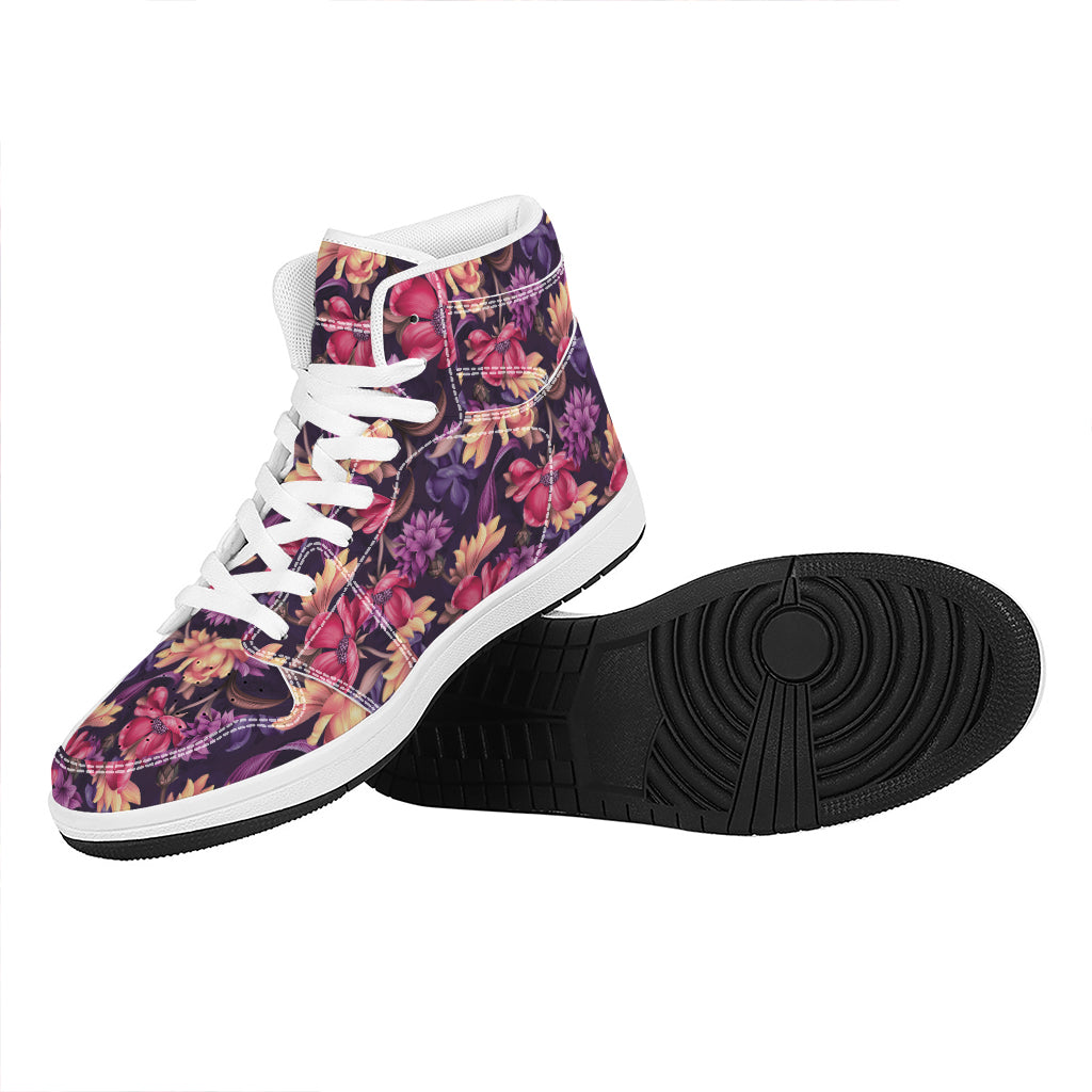 Wild Flower Print High Top Leather Sneakers