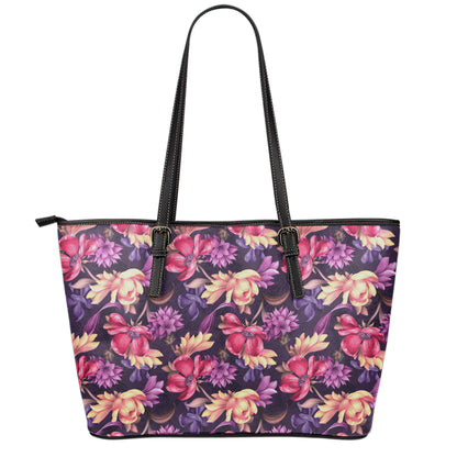 Wild Flower Print Leather Tote Bag