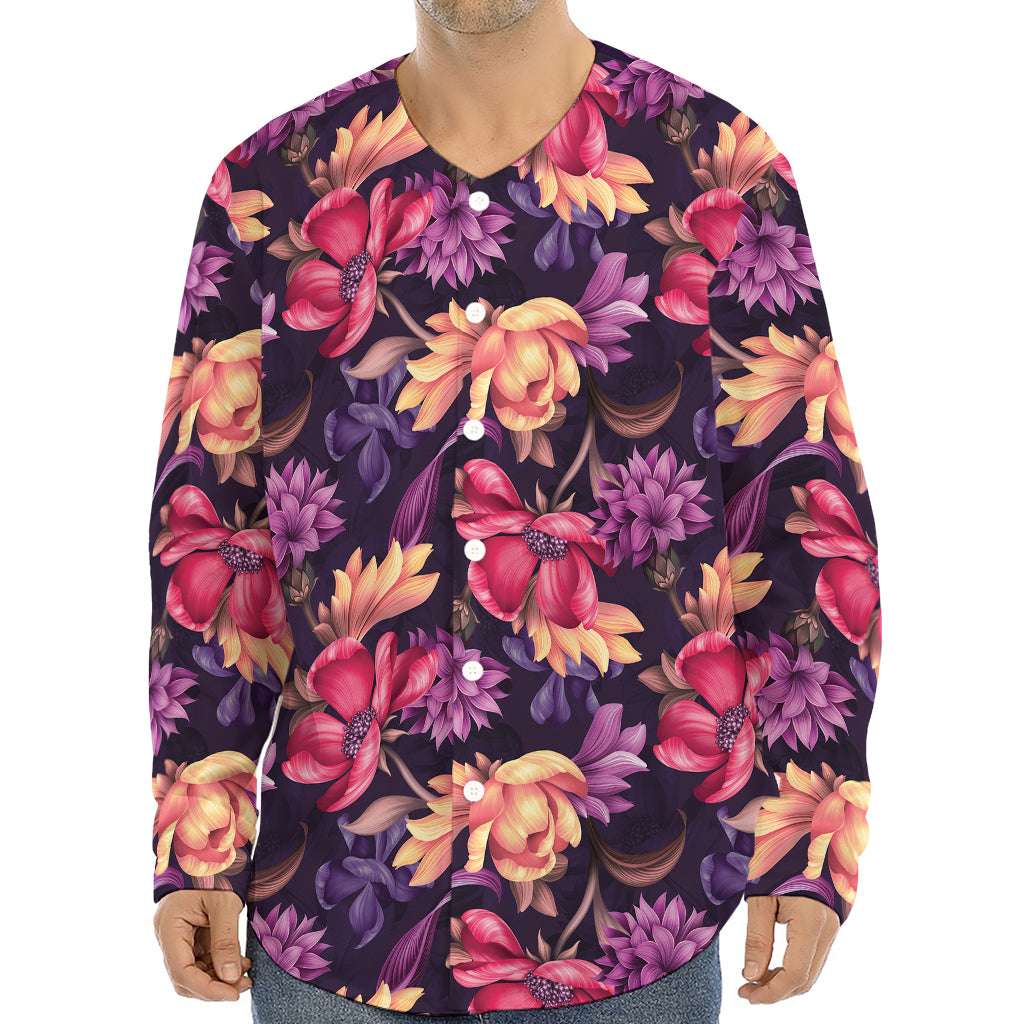 Wild Flower Print Long Sleeve Baseball Jersey