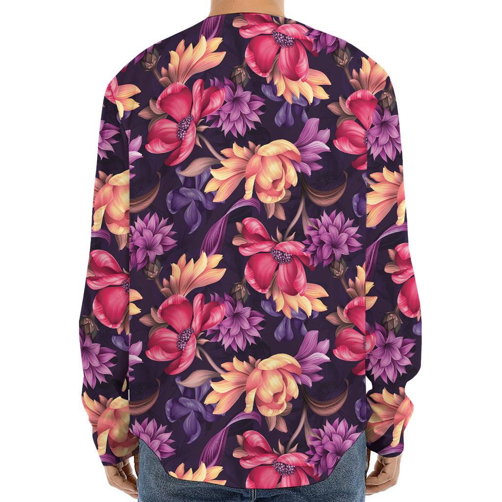 Wild Flower Print Long Sleeve Baseball Jersey