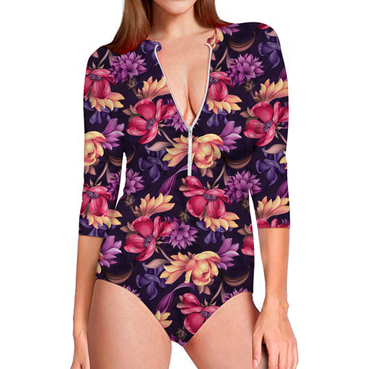 Wild Flower Print Long Sleeve Swimsuit