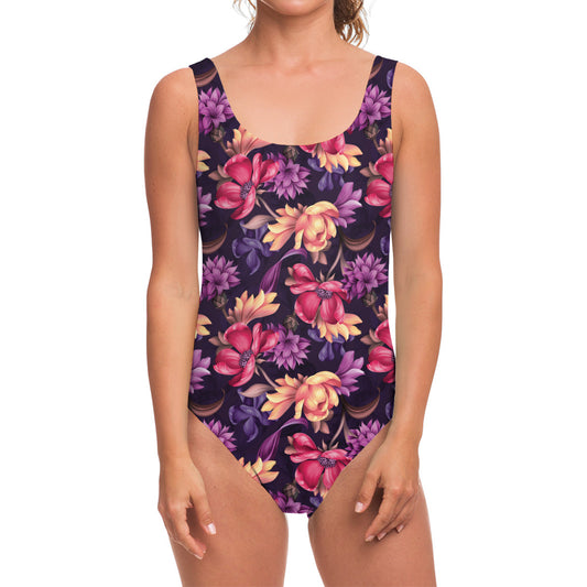 Wild Flower Print One Piece Swimsuit