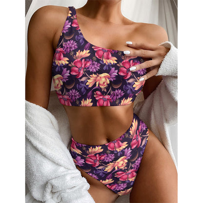 Wild Flower Print One Shoulder Bikini Top