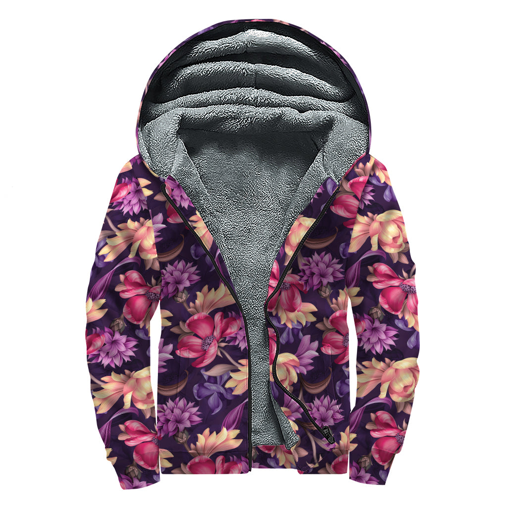 Wild Flower Print Sherpa Lined Zip Up Hoodie