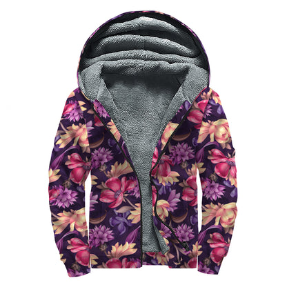 Wild Flower Print Sherpa Lined Zip Up Hoodie