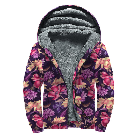Wild Flower Print Sherpa Lined Zip Up Hoodie
