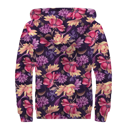 Wild Flower Print Sherpa Lined Zip Up Hoodie