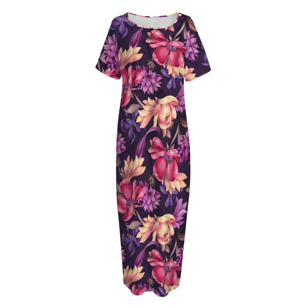 Wild Flower Print Short Sleeve Long Nightdress
