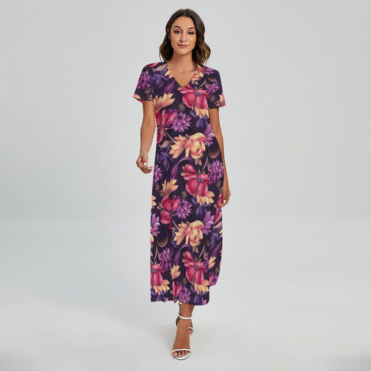 Wild Flower Print Short Sleeve Maxi Dress