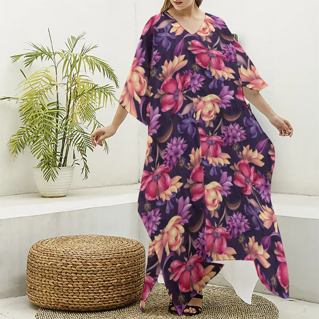 Wild Flower Print Silk V-Neck Kaftan Dress