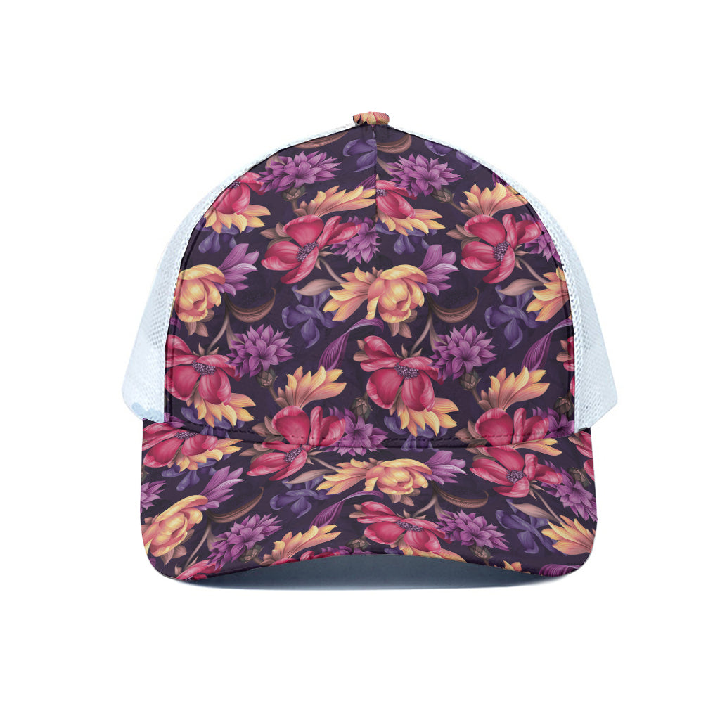Wild Flower Print White Mesh Trucker Cap