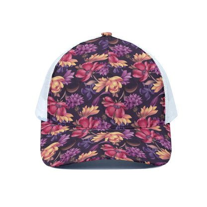 Wild Flower Print White Mesh Trucker Cap