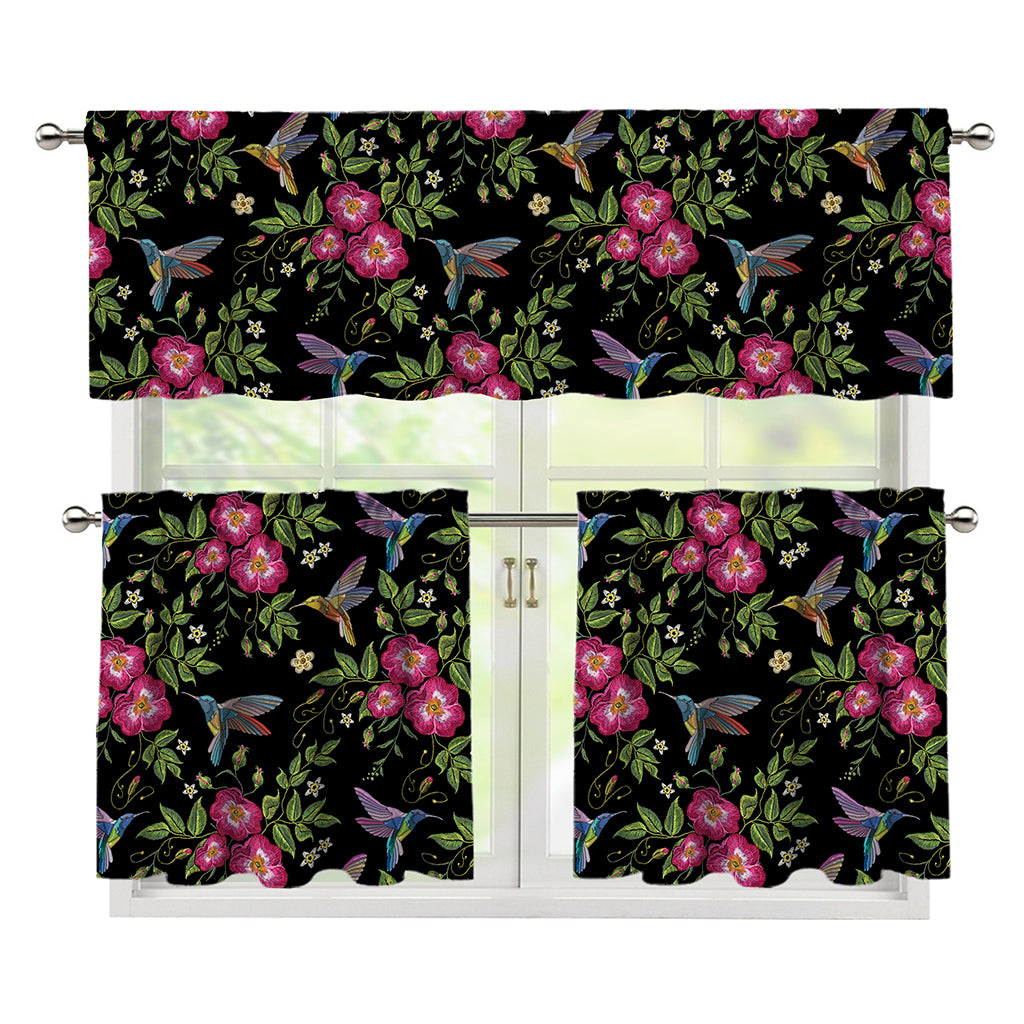 Wild Flowers And Hummingbird Print 3 Piece Kitchen Curtains