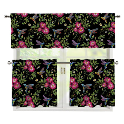 Wild Flowers And Hummingbird Print 3 Piece Kitchen Curtains