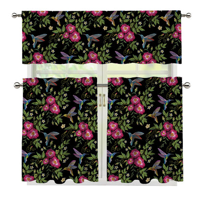 Wild Flowers And Hummingbird Print 3 Piece Kitchen Curtains
