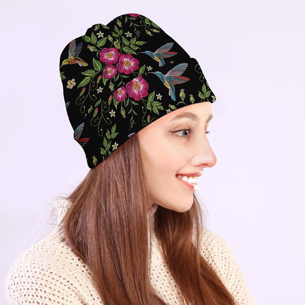 Wild Flowers And Hummingbird Print Beanie