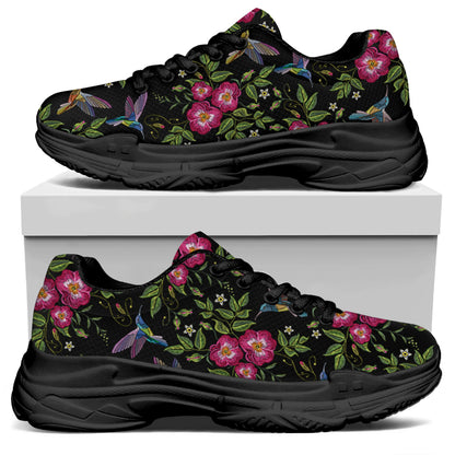 Wild Flowers And Hummingbird Print Black Chunky Shoes
