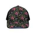 Wild Flowers And Hummingbird Print Black Mesh Trucker Hat