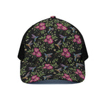 Wild Flowers And Hummingbird Print Black Mesh Trucker Cap