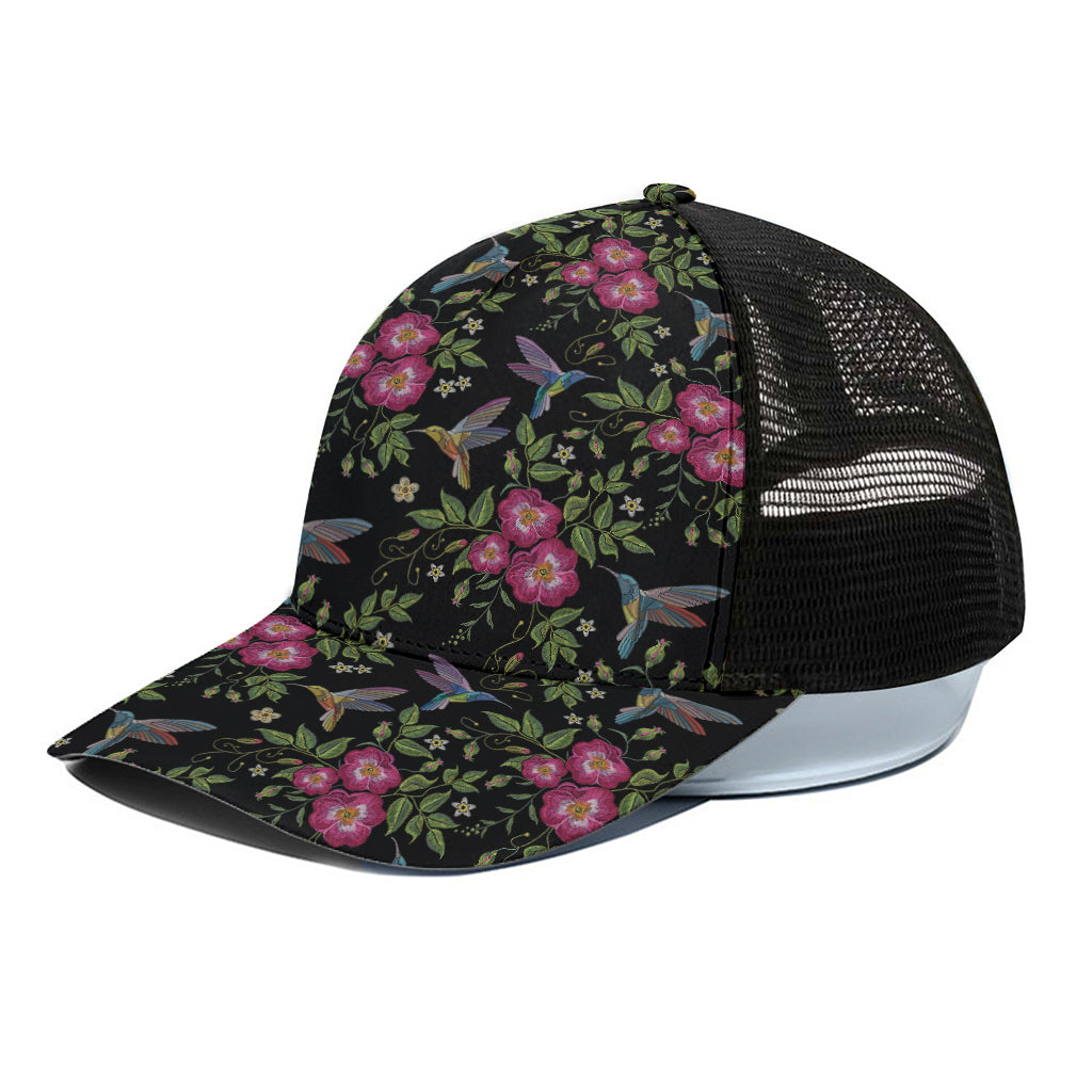 Wild Flowers And Hummingbird Print Black Mesh Trucker Cap