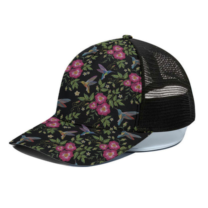 Wild Flowers And Hummingbird Print Black Mesh Trucker Cap