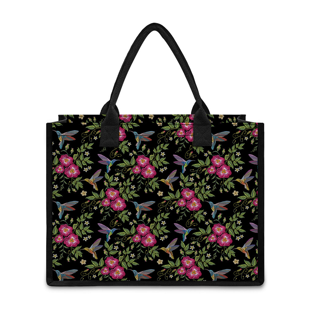 Wild Flowers And Hummingbird Print Canvas Tote Bag