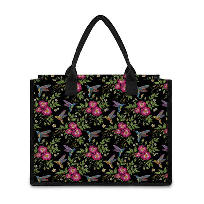 Wild Flowers And Hummingbird Print Canvas Tote Bag