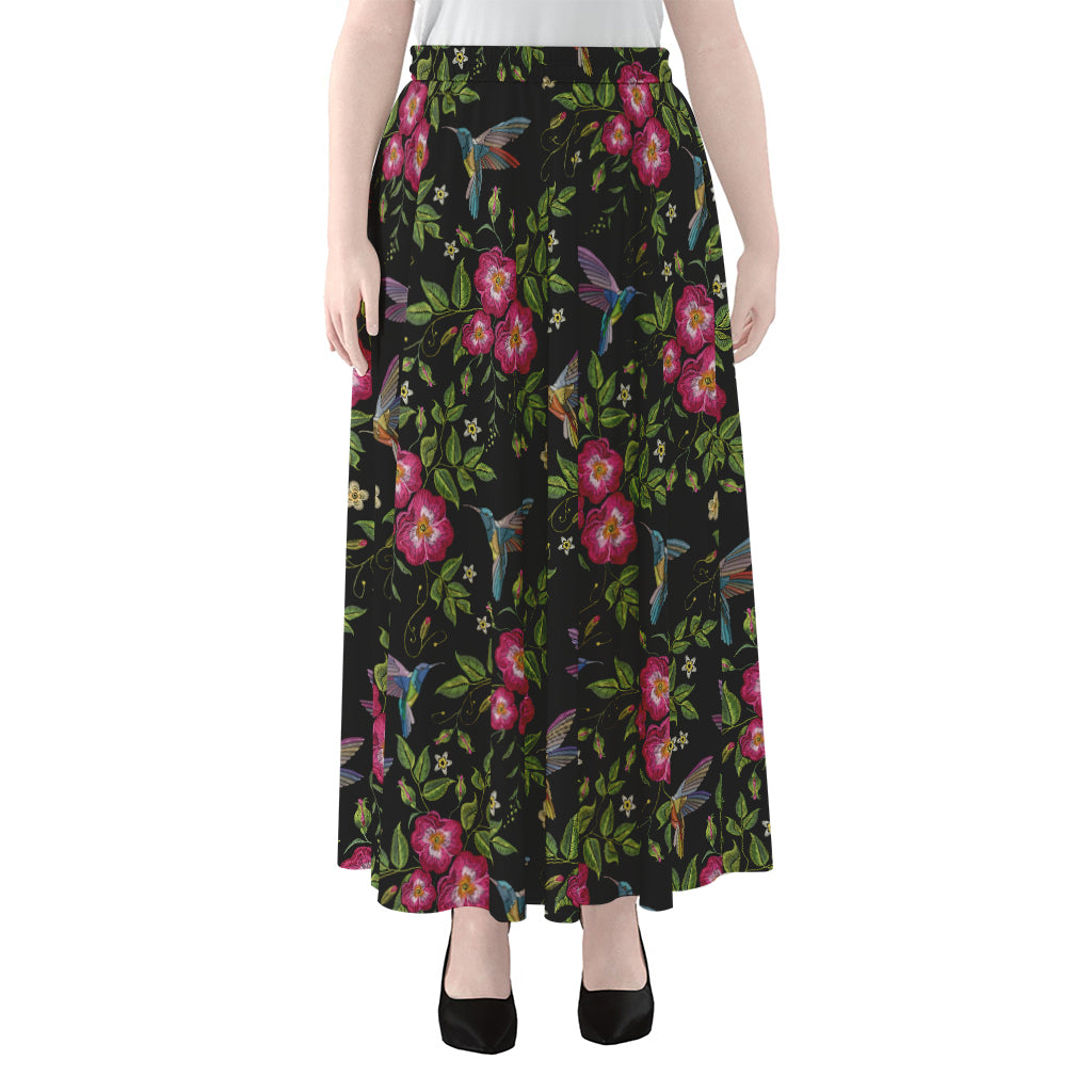 Wild Flowers And Hummingbird Print Chiffon Maxi Skirt