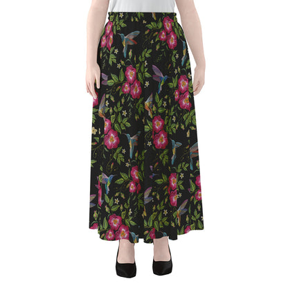Wild Flowers And Hummingbird Print Chiffon Maxi Skirt