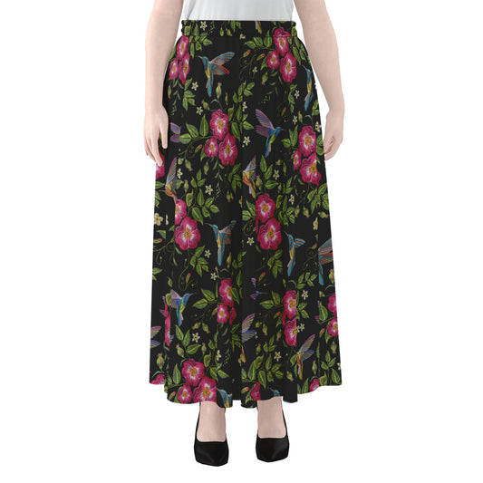 Wild Flowers And Hummingbird Print Chiffon Maxi Skirt