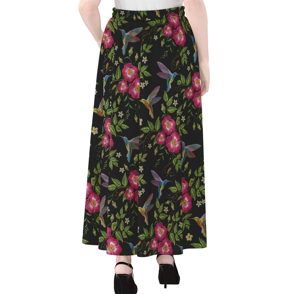 Wild Flowers And Hummingbird Print Chiffon Maxi Skirt