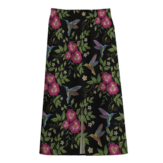 Wild Flowers And Hummingbird Print Cotton Front Slit Maxi Skirt