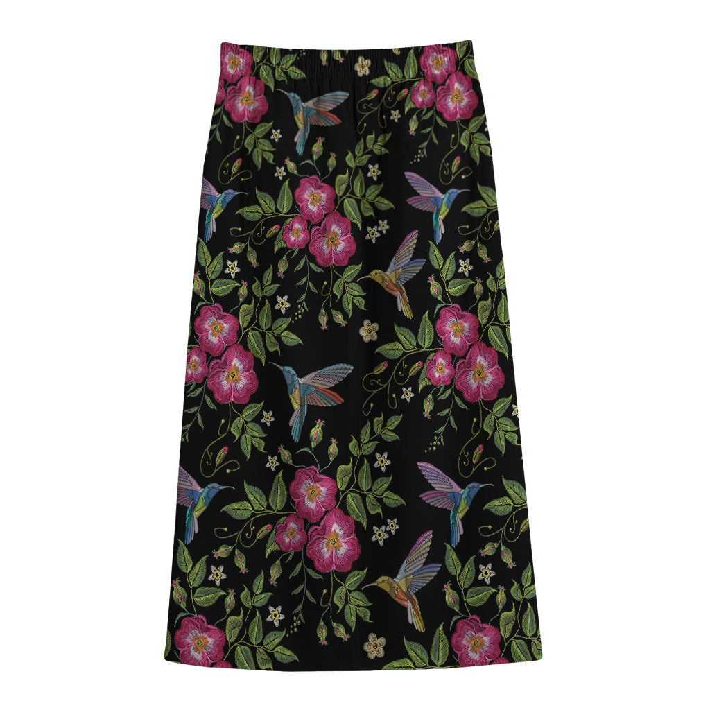 Wild Flowers And Hummingbird Print Cotton Front Slit Maxi Skirt