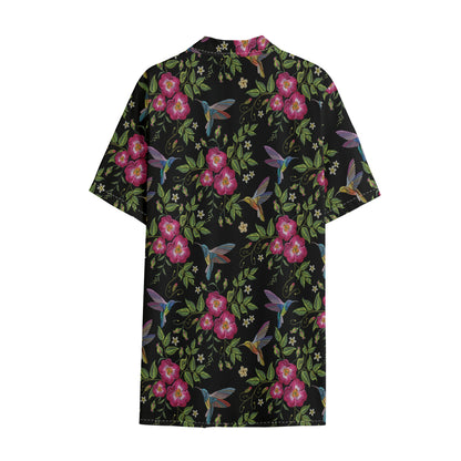 Wild Flowers And Hummingbird Print Cotton Hawaiian Shirt