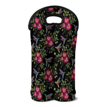 Wild Flowers And Hummingbird Print Double Neoprene Wine Tote