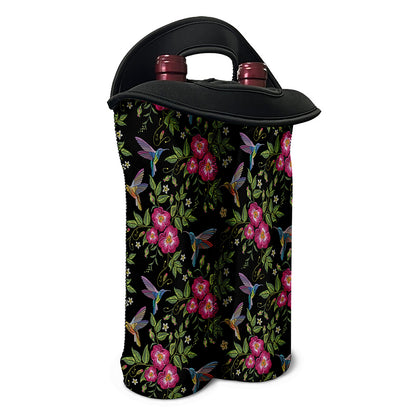 Wild Flowers And Hummingbird Print Double Neoprene Wine Tote