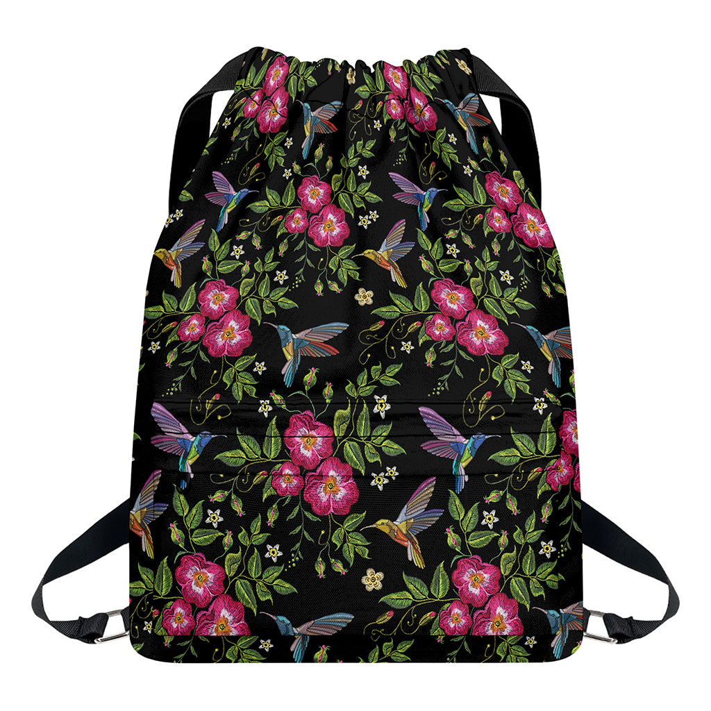 Wild Flowers And Hummingbird Print Drawstring Backpack