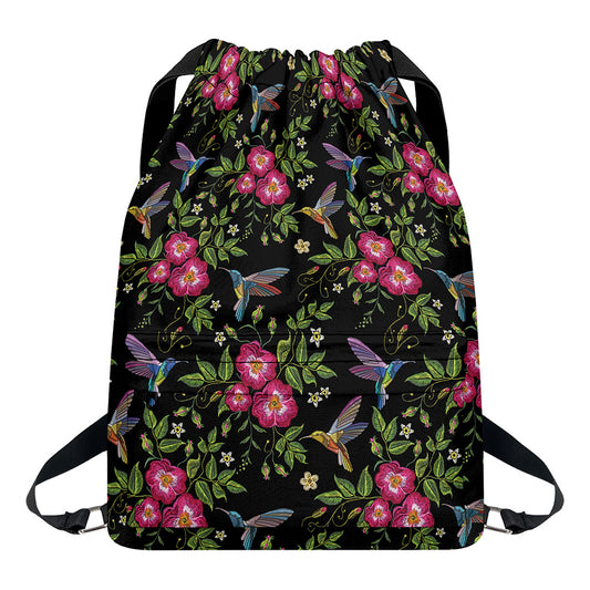 Wild Flowers And Hummingbird Print Drawstring Backpack