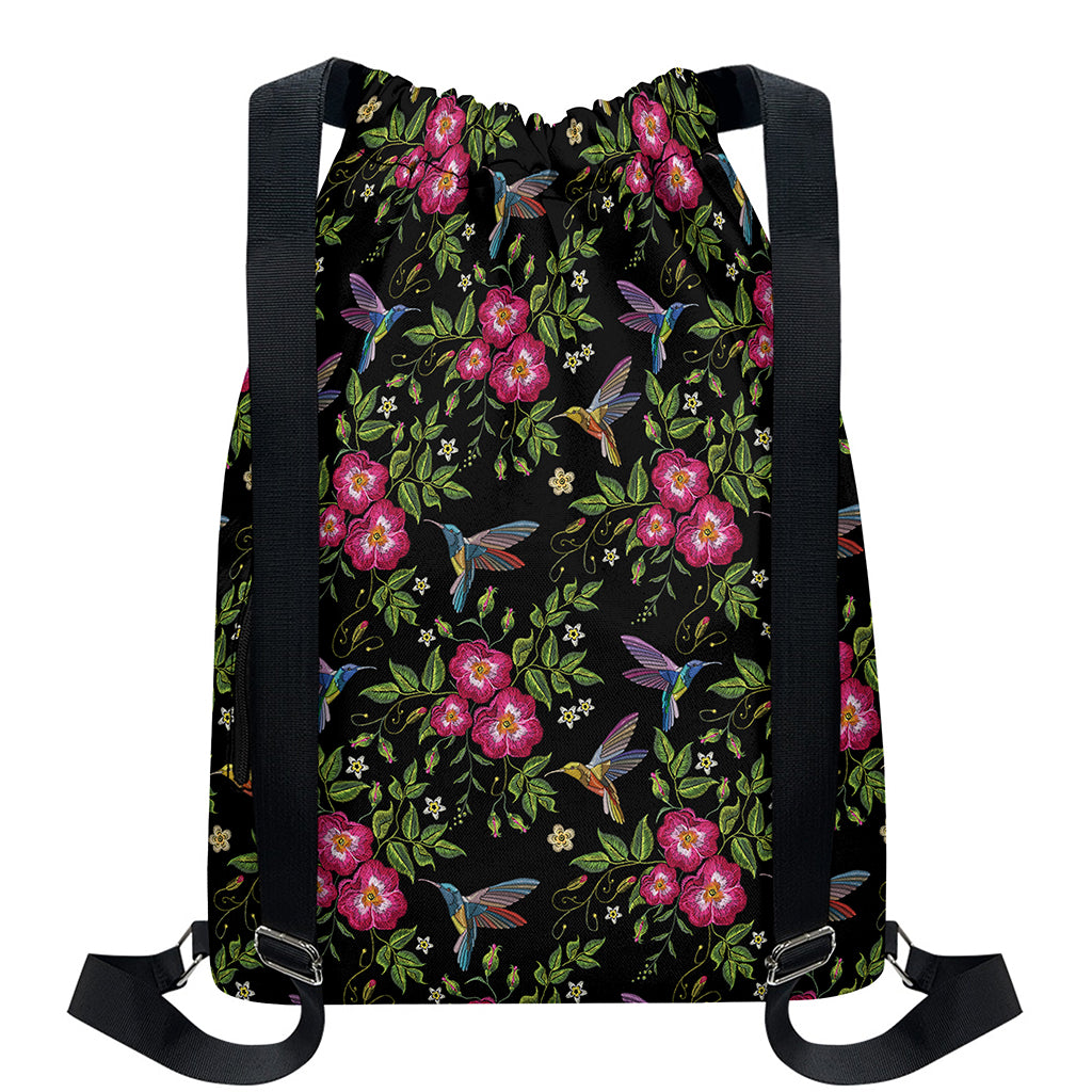 Wild Flowers And Hummingbird Print Drawstring Backpack