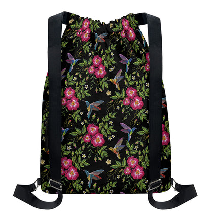 Wild Flowers And Hummingbird Print Drawstring Backpack